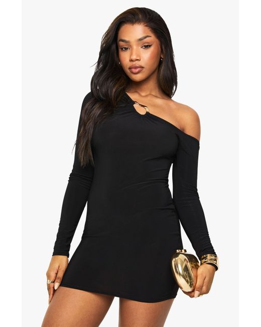 Boohoo Black Slinky Asymmetric Trim Detail Mini Dress