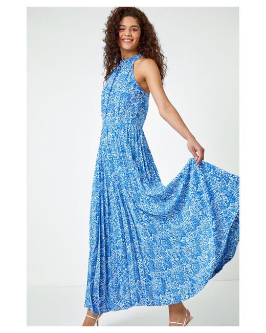 Roman Blue Ditsy Floral Halter Neck Maxi Dress