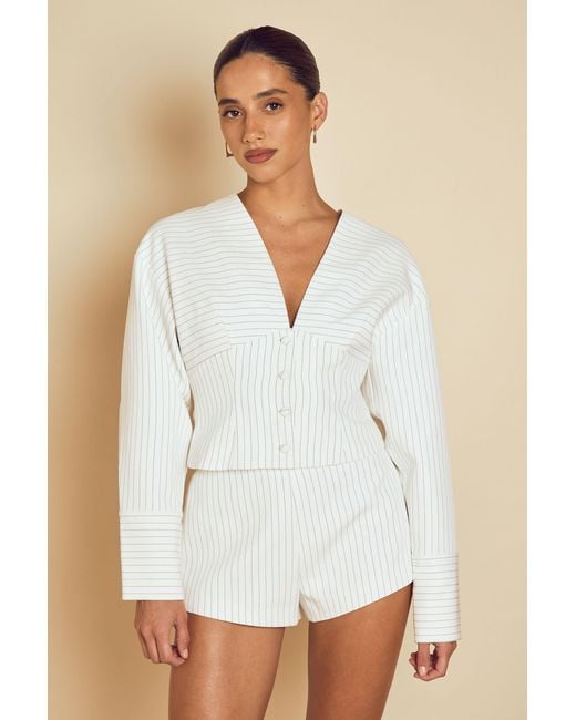 MissPap Natural Collarless Pinstripe Tailored Jacket