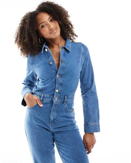 Miss Selfridge Blue Straight Leg Denim Jumpsuit