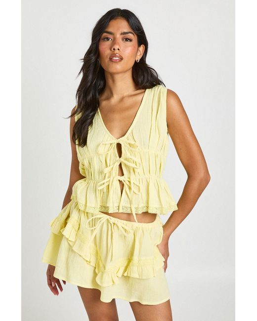 Boohoo Yellow Cheesecloth Lace Trim Ruffle Mini Skirt