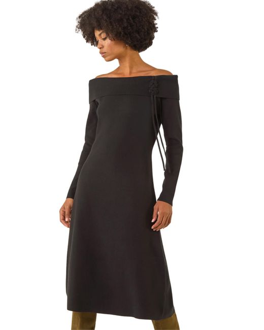 Roman Black Floral Bardot Knit Midi Dress