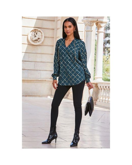 Sosandar Blue Check Print Chain Lace Up Blouse