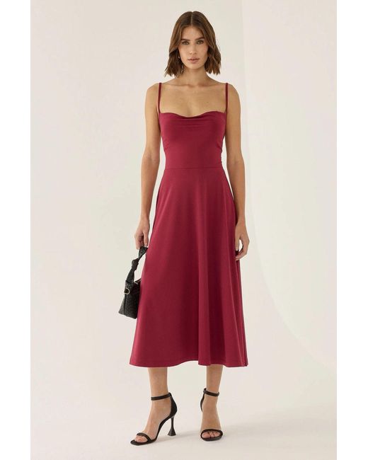 Hiccup Red A-Line Sleeveless Midi Dress With Cowl Neck