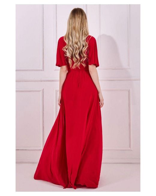 Goddiva Red Wrap Front Maxi With Flutter Sleeves