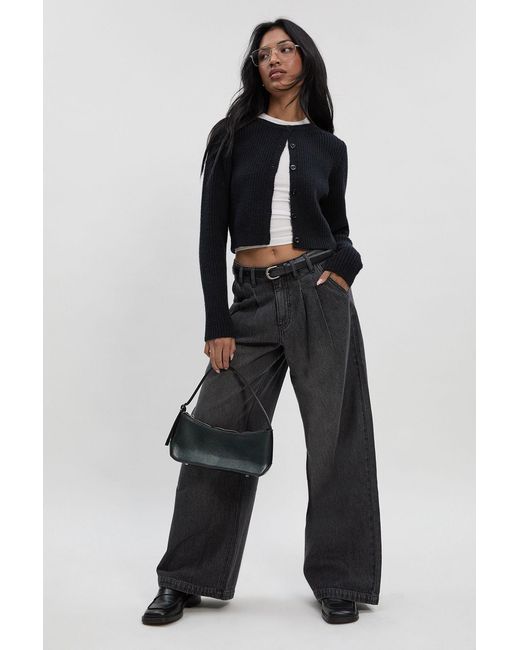 Boohoo Gray High Waist Supersoft Belted Pleated Wide Leg Jeans