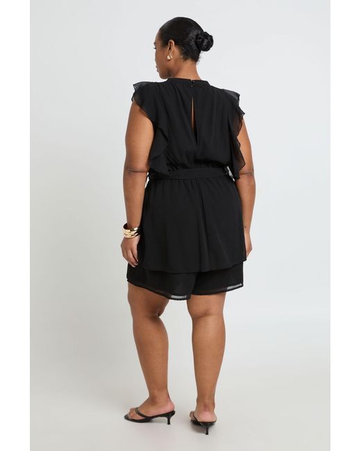 Boohoo Black Plus Chiffon Ruffle Playsuit