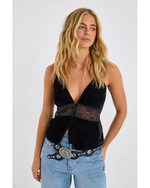 Nasty Gal Blue Velvet Lace Insert Button Detail Cami Top