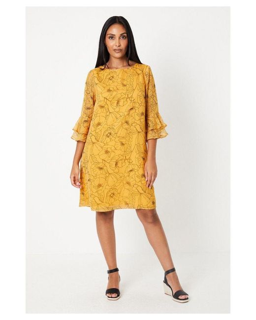 Wallis Yellow Petite Stencil Floral Flute Sleeve Shift Dress