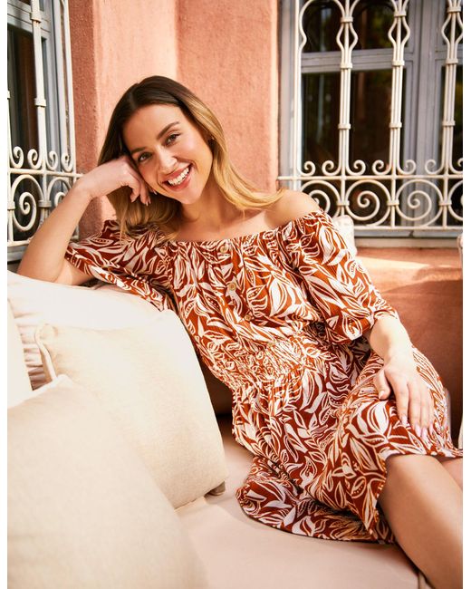 Blue Vanilla Orange Coconut Button Shirred Waist Bardot Dress