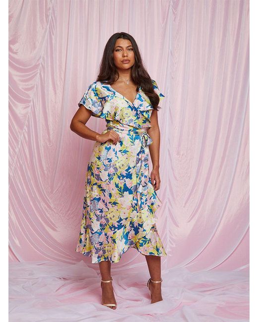 Chi Chi London Pink V Neck Floral Wrap Midi Dress