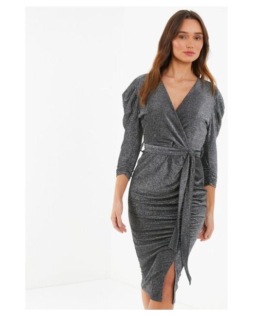 Quiz Gray Shimmer Ruched Midi Dress