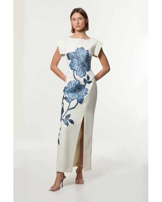 Karen Millen Tailored Applique Satin Beaded Maxi Dress in Blue