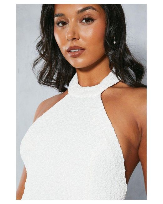 MissPap White Textured Low Back Halterneck Midaxi Dress