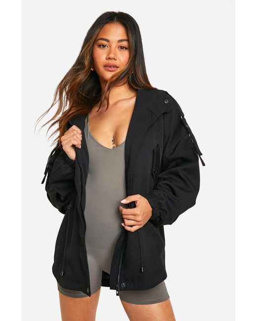Boohoo Black Cinched Waist Hooded Mac
