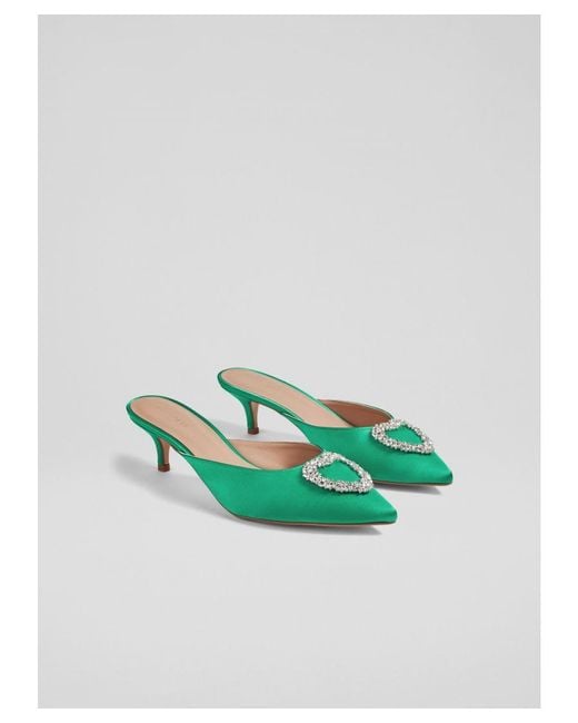 LK Bennett Satin Kitten Heel Mules in Green Lyst UK