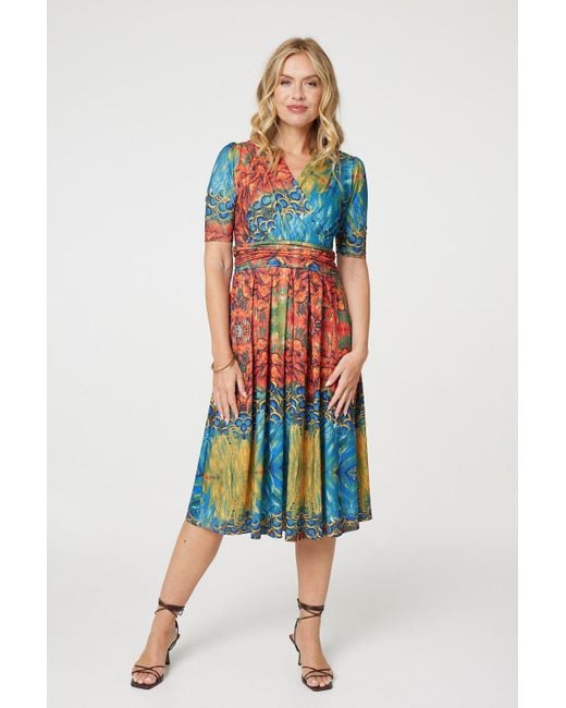 Izabel London Blue Printed Ruched Waist Faux Wrap Midi Dress