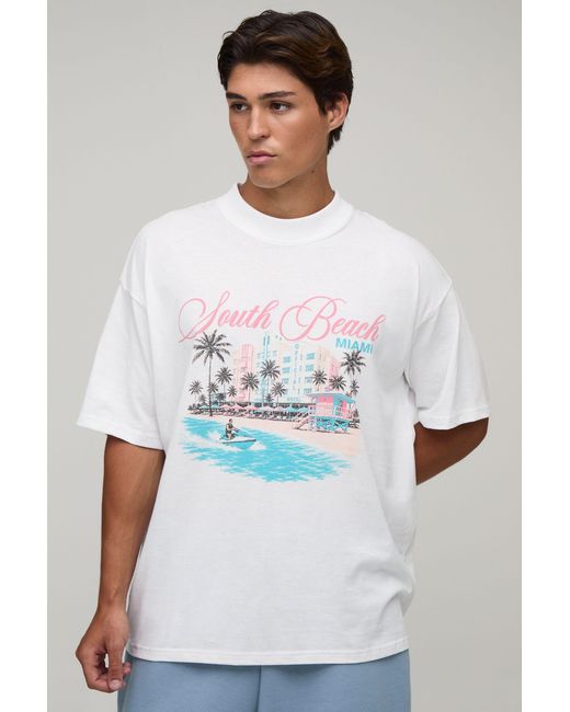 BoohooMAN White Oversized Miami Print T-Shirt Cotton for men