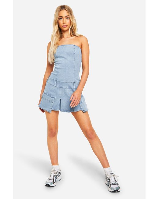 Boohoo Blue Pocket And Belt Detail Bandeau Denim Mini Dress