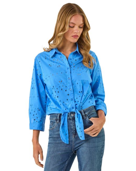 Roman Blue Broderie Tie Front Shirt