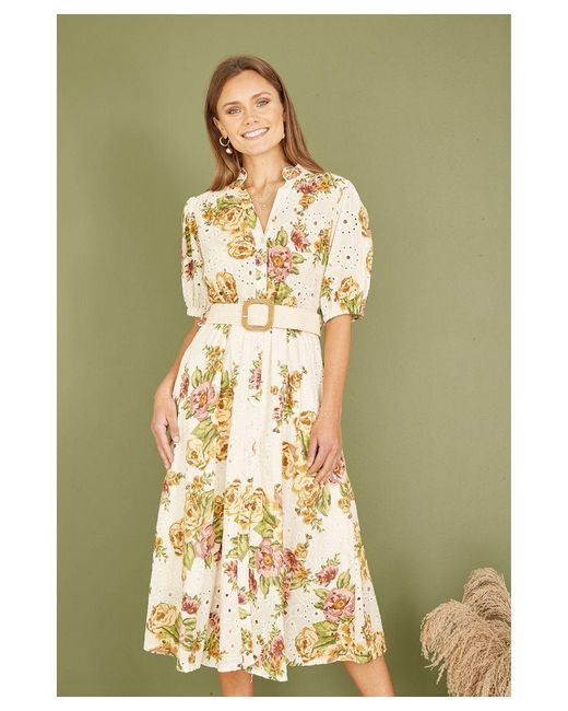 Yumi' Green Premium Ivory Floral Print Broderie Anglaise Cotton Midi Shirt Dress With Matching Belt