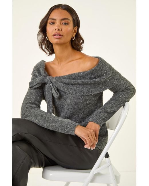 Roman Black Bardot Sequin Knit Jumper