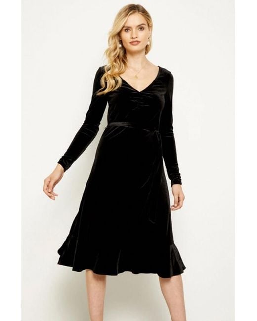 Sosandar Black Velvet Ruffle Hem V Neck Dress