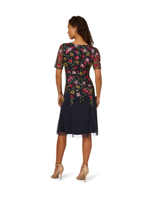 Adrianna Papell Blue Bead Mesh Midi Dress