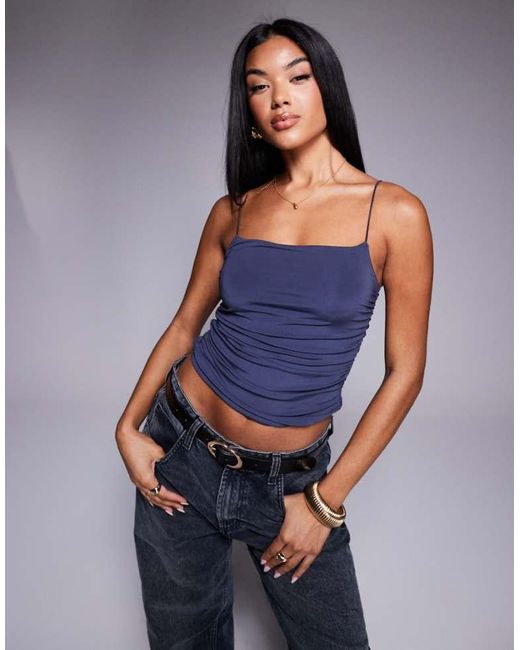 ASOS Blue Slinky Fitted Ruched Side Cami Top With Spaghetti Straps
