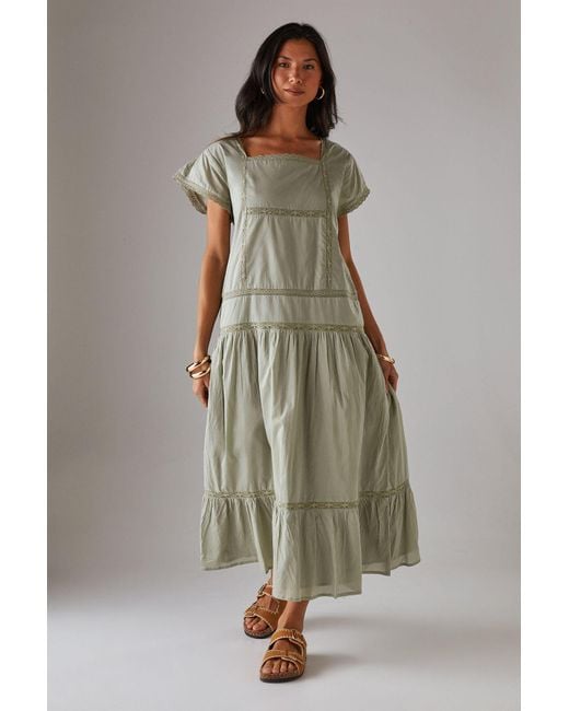 Warehouse Cotton Lace Square Neck Midi Smock Dress in Green Lyst UK