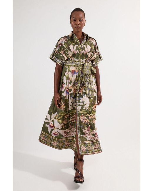 Karen Millen Green Plus Size Cotton Sateen Floral Woven Belted Maxi Shirt Dress
