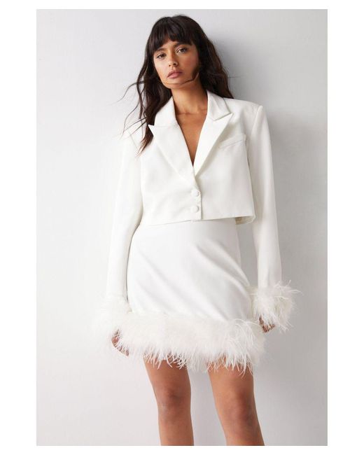 Warehouse White Feather Trim Tailored Mini Skirt
