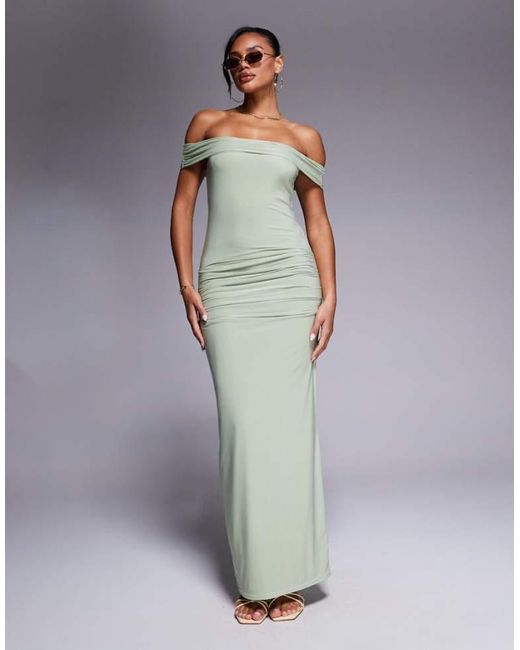 Kaiia Gray Exclusive Double Layered Slinky Bardot Gathered Waist Detail Maxi Dress