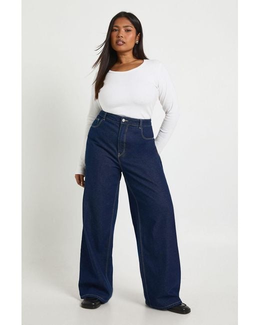Boohoo Blue Plus High Waist Wide Leg Jean