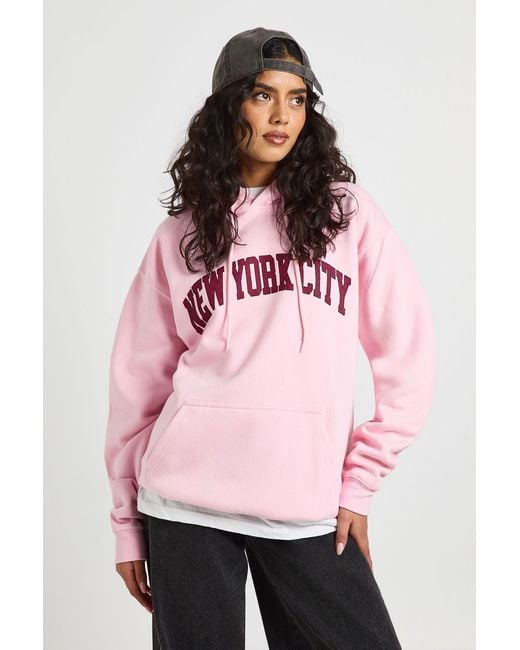 Boohoo Pink New York Printed Oversized Hoodie