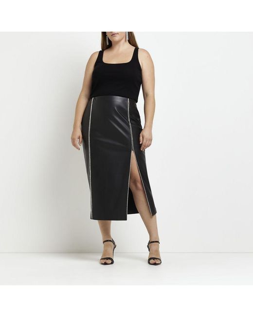 River Island Midi Skirt Plus Faux Leather Diamante Pu in Black Lyst UK