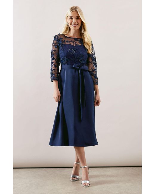 Wallis Blue Petite Occasion Satin And Mesh Overlay Fit And Flare Dress