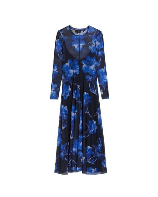 Ted Baker Blue Rozeen Mesh Long Sleeve Printed Midi Dress