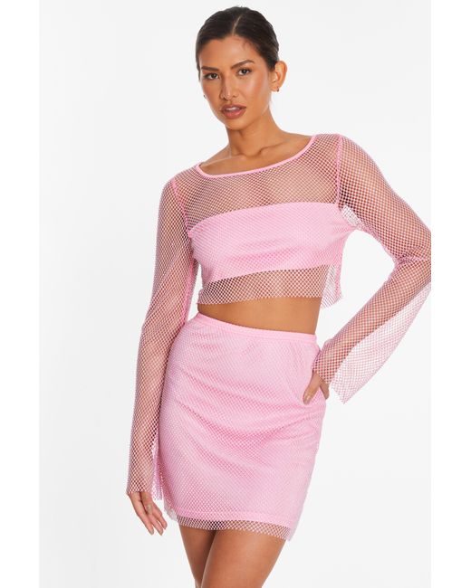 Quiz Pink Diamante Embellished Mesh Crop Top