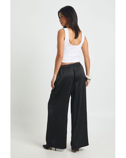 Boohoo Black Petite Satin Elasticated Waist Wide Leg Trouser