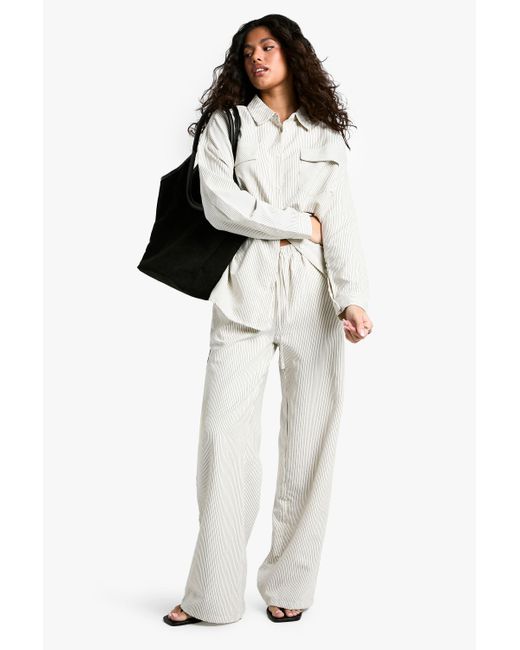 Boohoo White Striped Peached Drawstring Waist Wide Leg Trouser