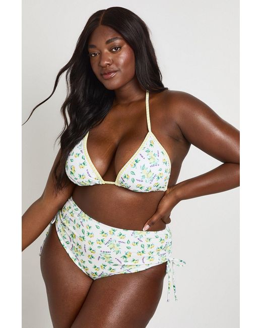 Boohoo Brown Plus Lemon Print High Waisted Triangle Bikini Set