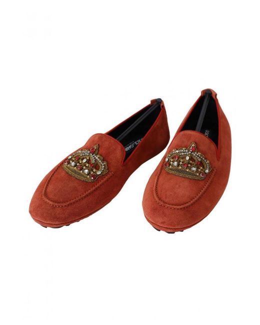 Dolce & Gabbana Red Leather Crystal Crown Loafers Shoes for men