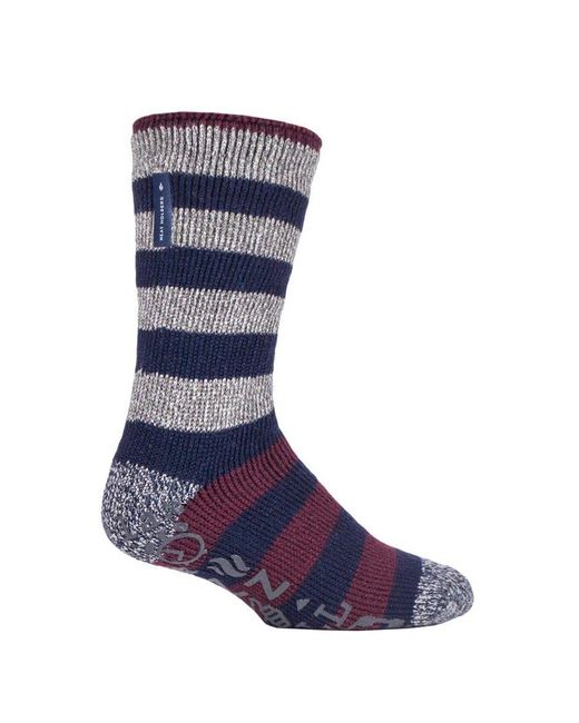 Heat Holders Blue Striped Fleece Lined Non Slip Thick Slipper Socks for men