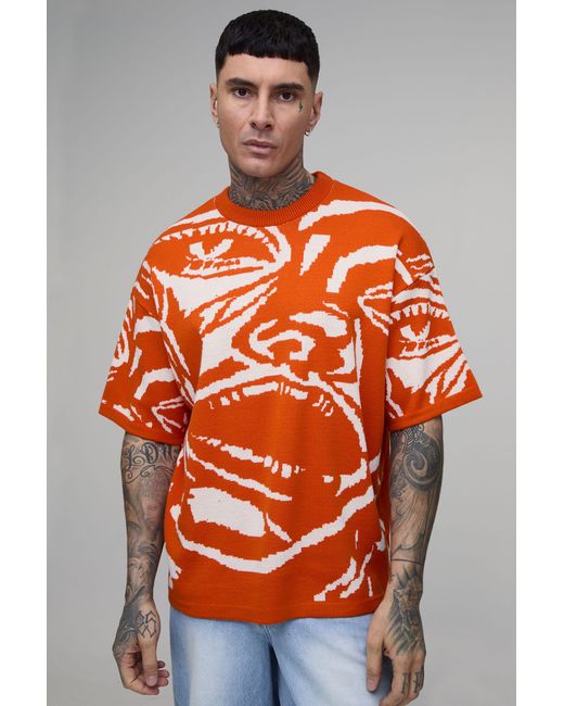 BoohooMAN Orange Tall Oversized Jacquard Abstract Face Knitted T-Shirt for men