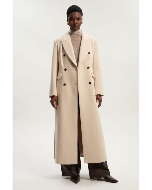 Karen Millen Natural Stripe Wool Double Breasted Tailored Maxi Coat