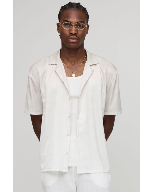 BoohooMAN White Oversized Monogram Print Satin Shirt for men