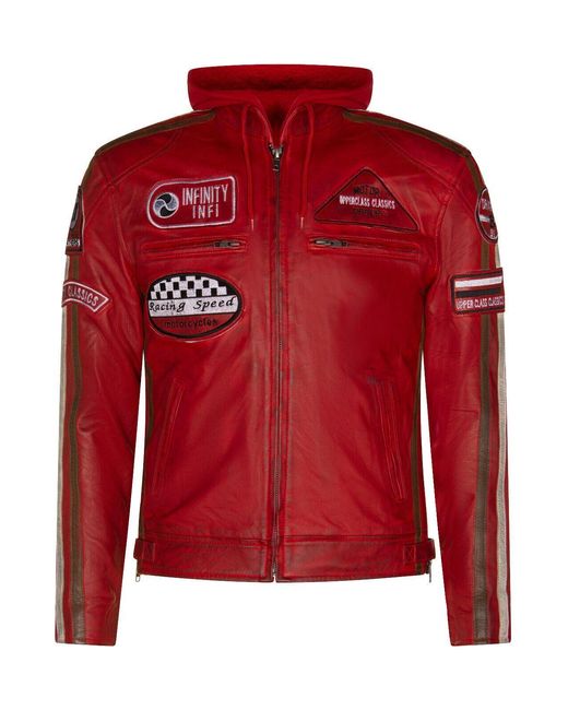 Infinity Leather Red Racing Hooded Biker Jacket-Detroit for men