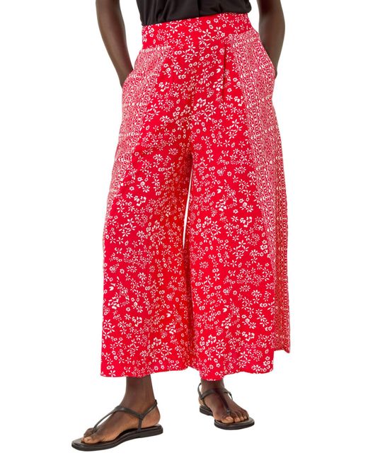 Roman Red Floral Print Wide Leg Culottes