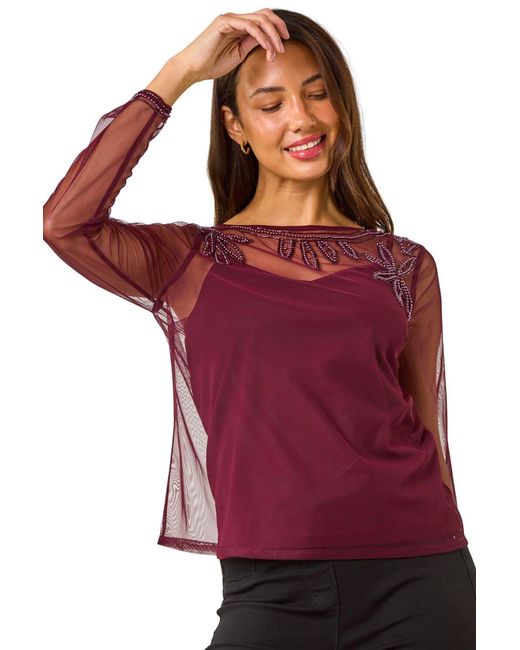 Roman Red Embellished Sequin Mesh Top